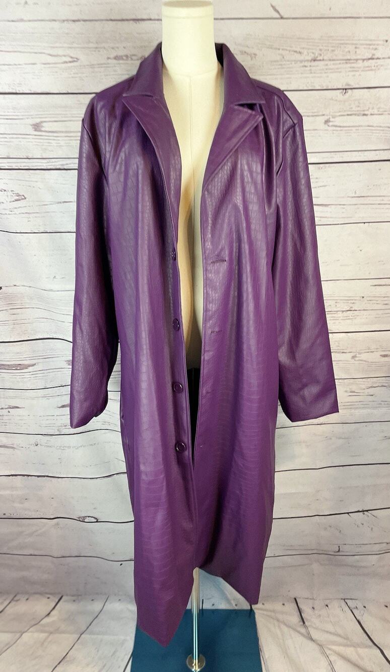 Suicide Squad Joker Inspired Purple Faux Leather Long Trench Coat Cosplay Size L